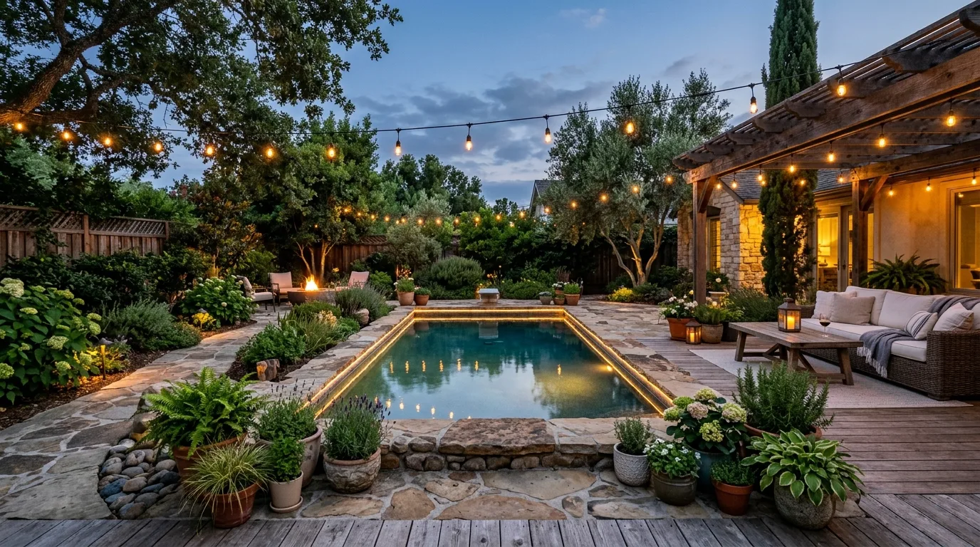 Pool Framed by a Raised Deck
